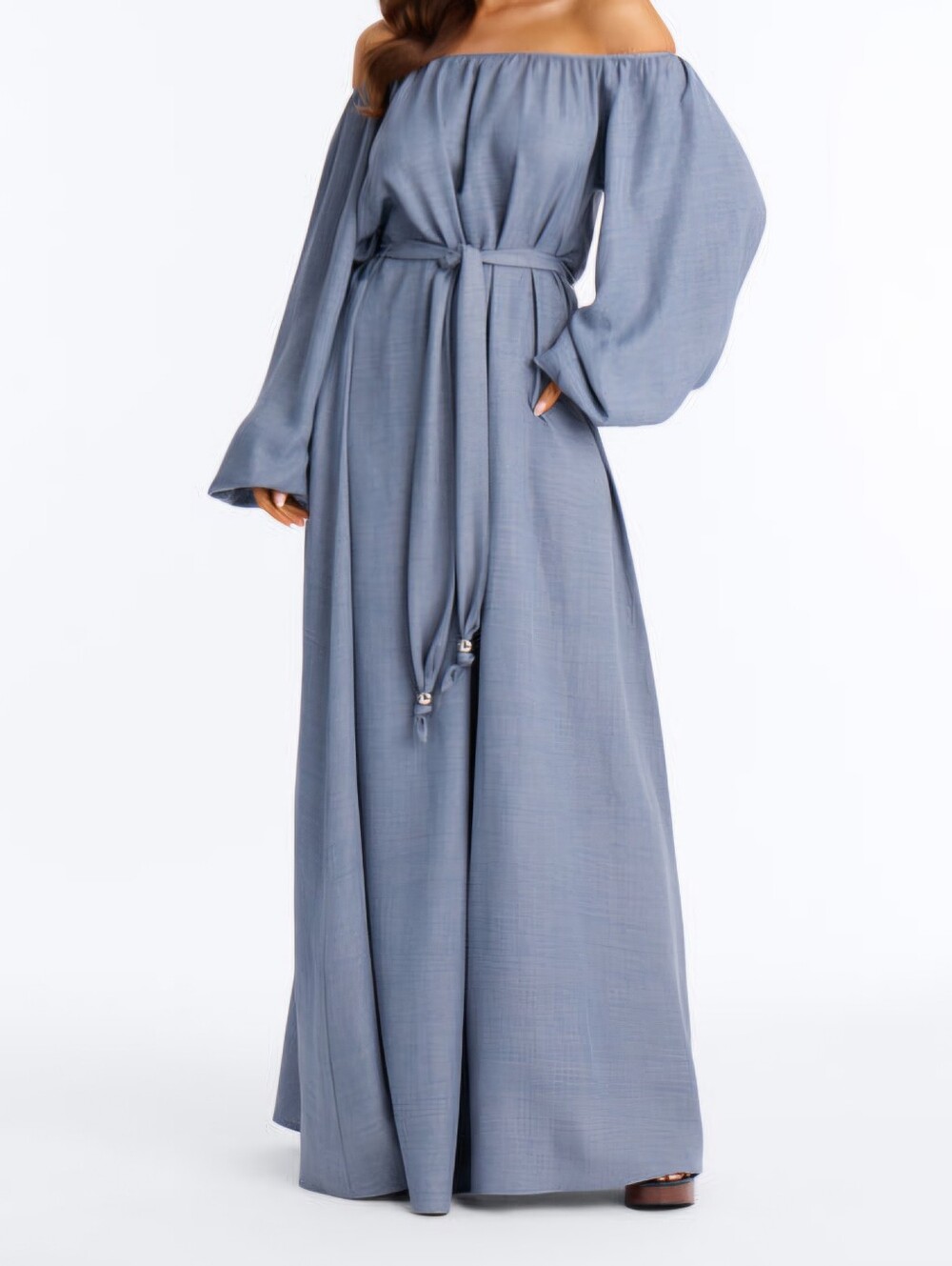 Off-Shoulder Slate Blue Maxi Dress with Tie Waist